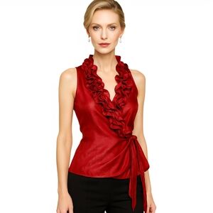 Chic Ruffle Wrap Blouse in Vibrant Red. Size M.